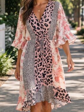 GiGio Plus+ Brand XL Mixed Print Boho Dress Floral & Leopard Flowy Midi